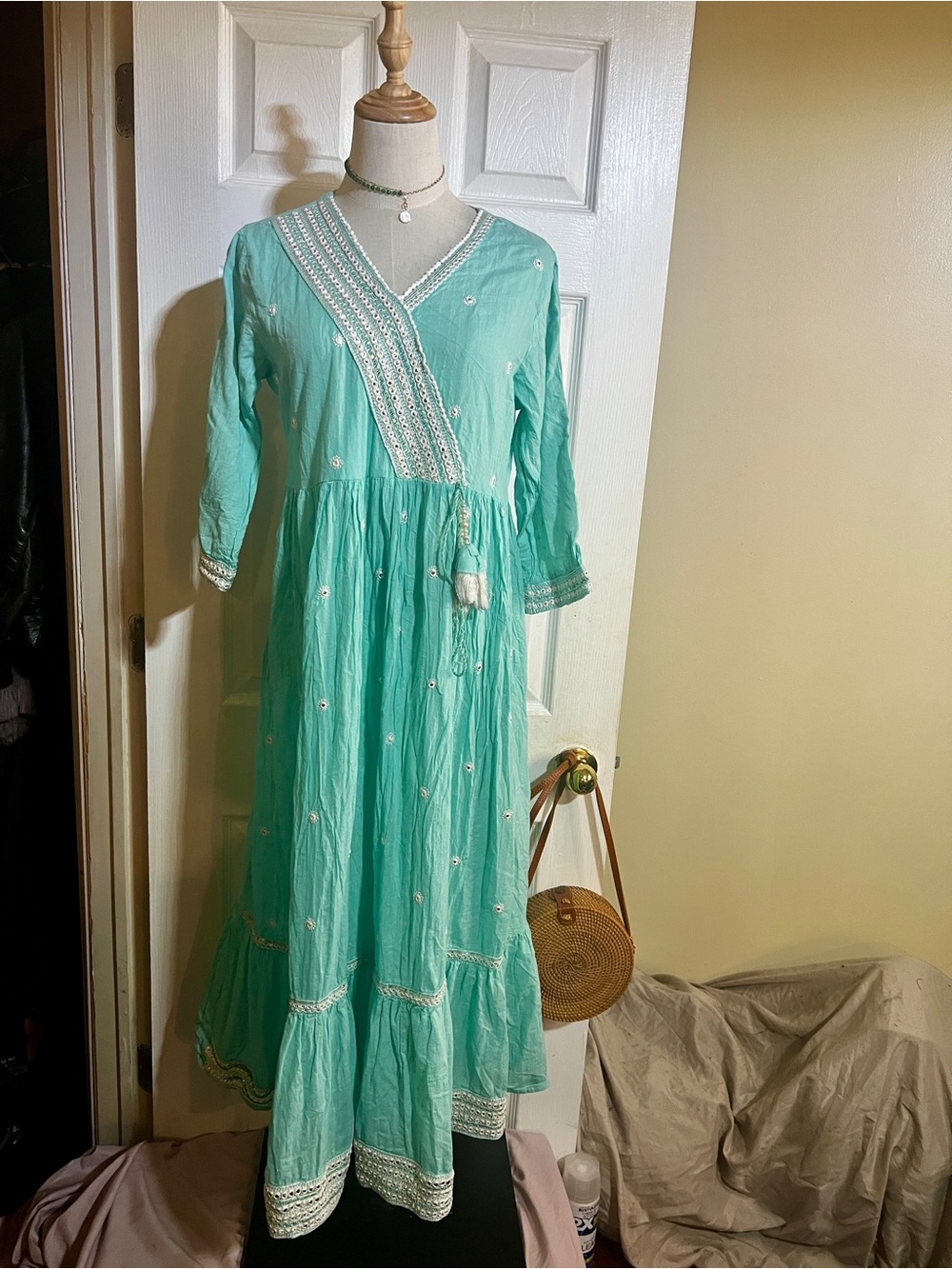 Ethnic Cotton Turquoise Embroidery Pleated Sequin Festival Boho Midi Dress ‎ M